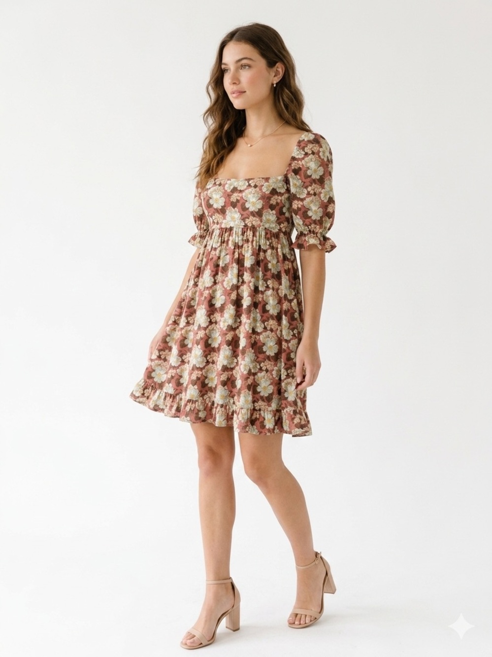 Wilfred Moorland Floral Puff-Sleeve Dress XS Red Floral Square Neck Aritzia